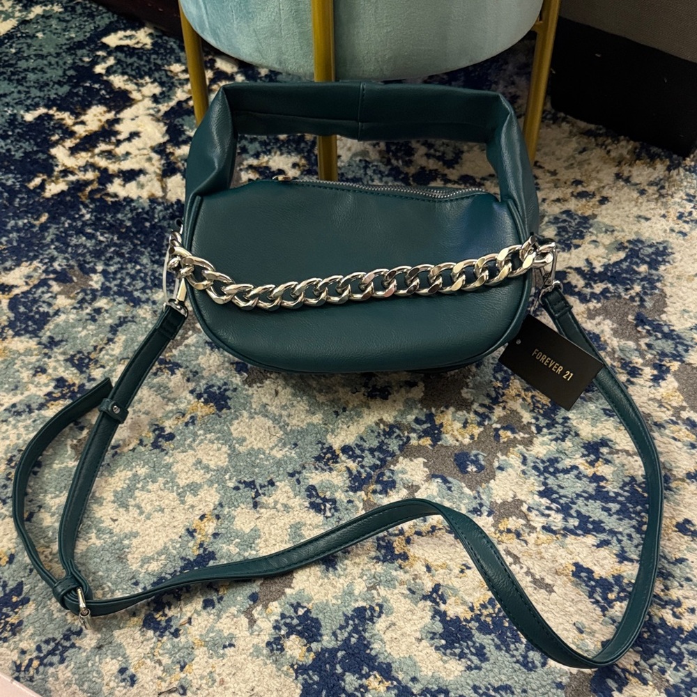 Forever 21 Teal Faux-Leather Crossbody with Silver Chain
